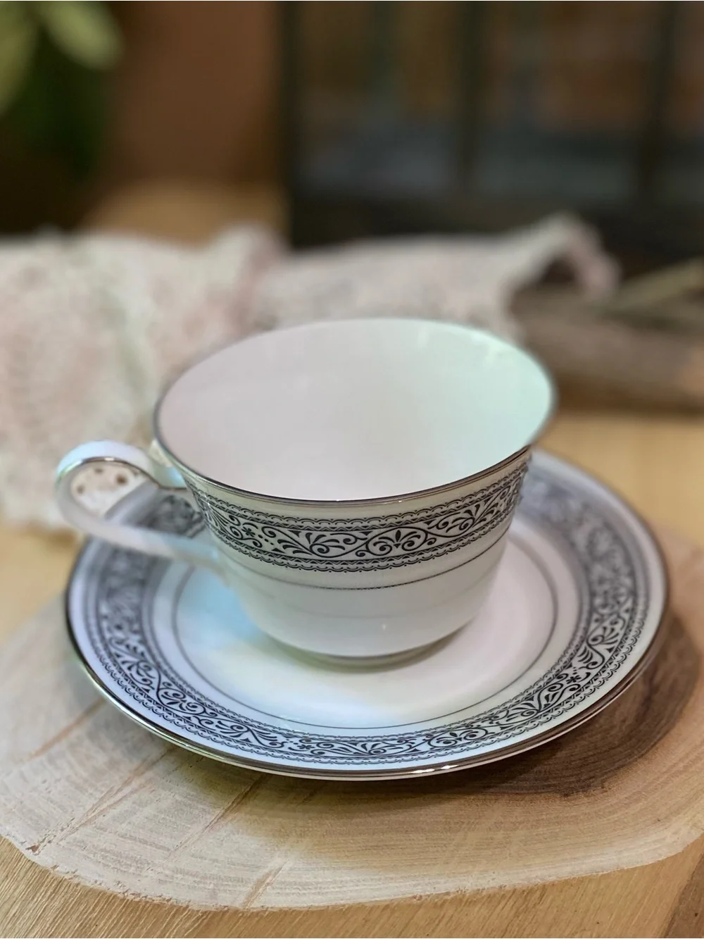 Noritake White and Black 7570 Ivory China Teacup & Saucer